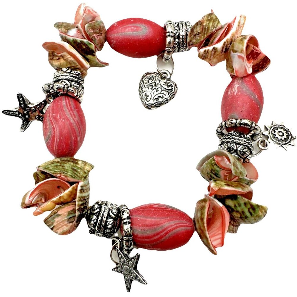 Chunky Pink Seashell Bracelet Beads Charms Stretch Coastal Villager Boho Barbie